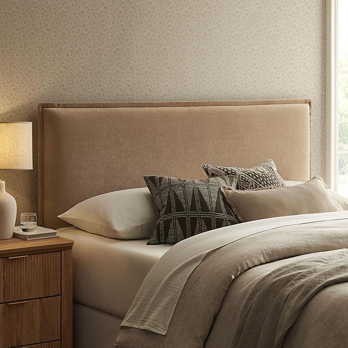 Modway Camille Queen Size Upholstered Linen Blend Headboard with Removable Slipcover – in Almond - Padded Pillow Style Headboard with Adjustable Mounting for Queen Beds