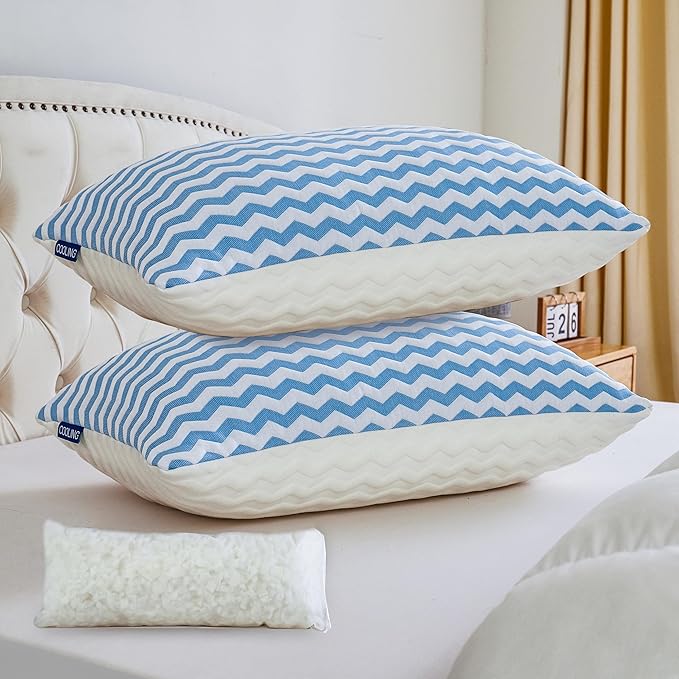 Pillows Queen Size Set of 2- Adjustable Firm Shredded Memory Foam Pillows - Side Sleeper Bed Pillows for Adults with Washable Cover and Bonus Foam Fill