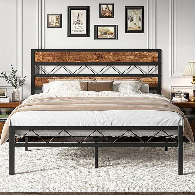 VECELO Full Size Bed Frame with Headboard, Heavy-Duty Platform Bedframe with Metal Slats Support, No Box Spring Needed, Easy Assembly, Black & Brown