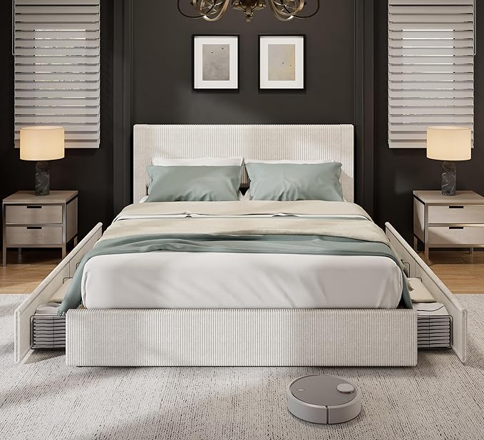 IDEALHOUSE Full Size Bed Frame with Tufted Wingback Headboard, Platform Corduroy Upholstered Bed Frame with 4 Storage Drawers and Wooden Slats Support, No Box Spring Needed, Beige