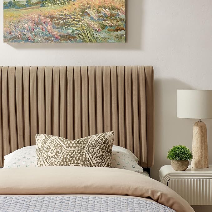 Modway Eloise Twin Velvet Headboard with Ruched Details in Taupe - Modern Bed Headboard Only with Stain-Resistant Performance Upholstery, Height-Adjustable Mount