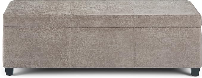SIMPLIHOME Avalon Storage Ottoman Bench - 48" Wide x 16" High Upholstered Vegan Leather Rectangular Lift-Top Ottoman in Distressed Grey Taupe, Contemporary Bench for Living Room with High-Density Foam