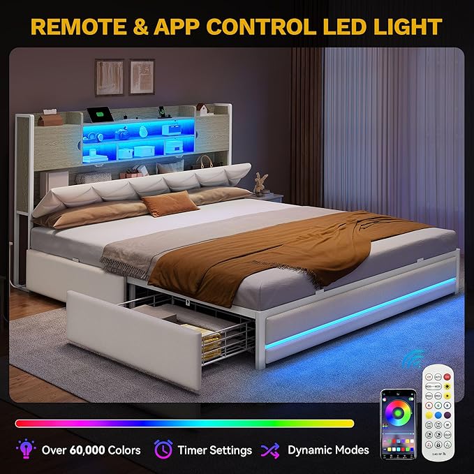 DWVO Queen Size Bed Frame with RGB LED Lights & Storage Bookcase Headboard, Upholstered Bed with Charging Station and 4 Drawers, No Box Spring Needed, Easy Assembly, Noise-Free, PU Leather White