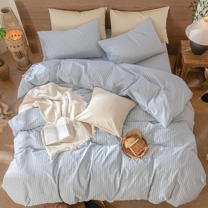 MooMee Striped Duvet Cover Set 100% Washed Cotton Linen Like Textured Breathable Durable Soft Comfy (Cornflower Blue White Wide Stripes, Super King Plus 120"x120")