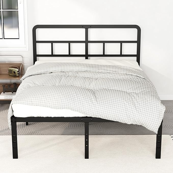 DiaOutro 18 Inch Queen Bed Frame with Headboard No Box Spring Needed, Heavy Duty Metal Queen Size Platform with Steel Slat, Mattress Foundation, Easy Assembly, Noise Free, Black