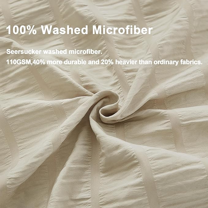 AveLom Beige Seersucker Duvet Cover Set Queen Size (90 x 90 inches), 3 Pieces (1 Duvet Cover + 2 Pillow Cases), Ultra Soft Washed Microfiber, Textured Duvet Cover with Zipper Closure, Corner Ties