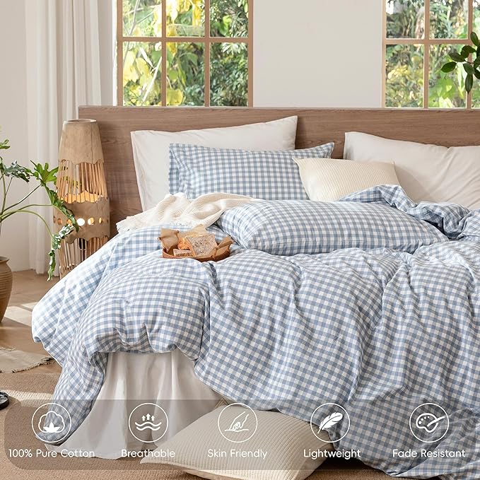 MooMee Gingham Duvet Cover Set 100% Washed Cotton Linen Like Textured Breathable Durable Soft Comfy Modern Checkered Design (Classic Gingham Cornflower Blue, Super King 108"x98")