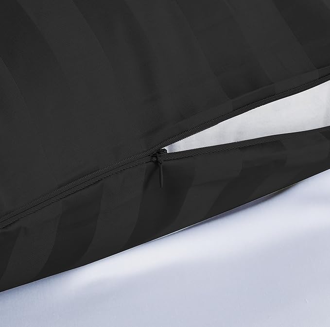100% Egyptian Cotton Pillow Protectors Set of 2, 600 Thread Count Standard Size Bed Pillow Cases with Zipper, Sateen Weave Cooling Pillow Cases Quiet and Breathable Easy Care (2PCS, Striped Black)
