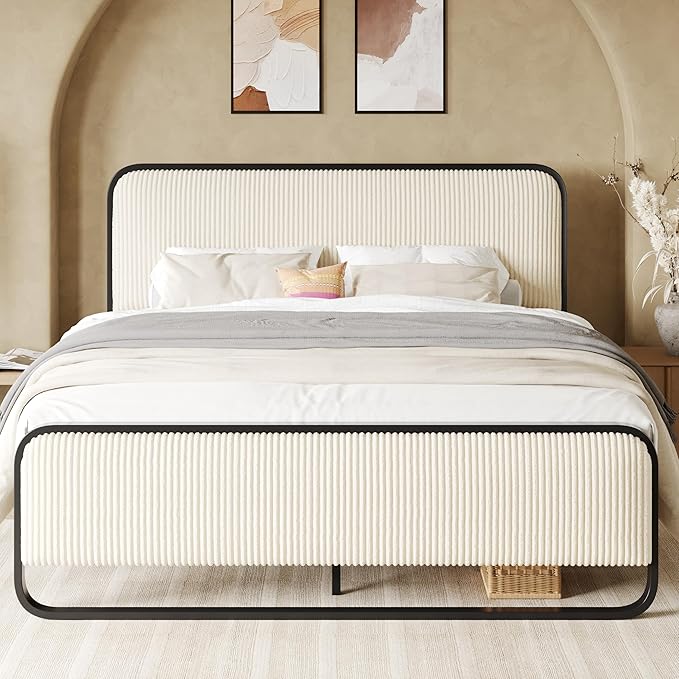 Allewie Queen Size Metal Bed Frame with Curved Corduroy Upholstered Headboard and Footboard, Platform Bed Frame with 12.4" Under Bed Storage, No Box Spring Needed, Boho Style, Cream