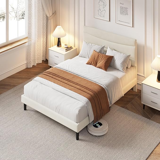IDEALHOUSE Full Size Upholstered Platform Bed Frame with Ergonomic Headboard, Beige Soft Fabric, Heavy Duty Wooden Slats, Noise-Free, 6.3" Underbed Storage, No Box Spring Needed, Easy Assembly