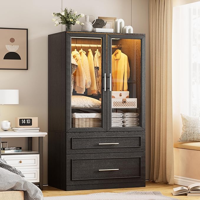 PAKASEPT Armoire Wardrobe Closet Door and Drawers, Bedroom Closet Wardrobe Cabinet with Hanging Rod, Lighted Freestanding Armoire Storage Cabinet for Bedroom Cloakroom (Black)