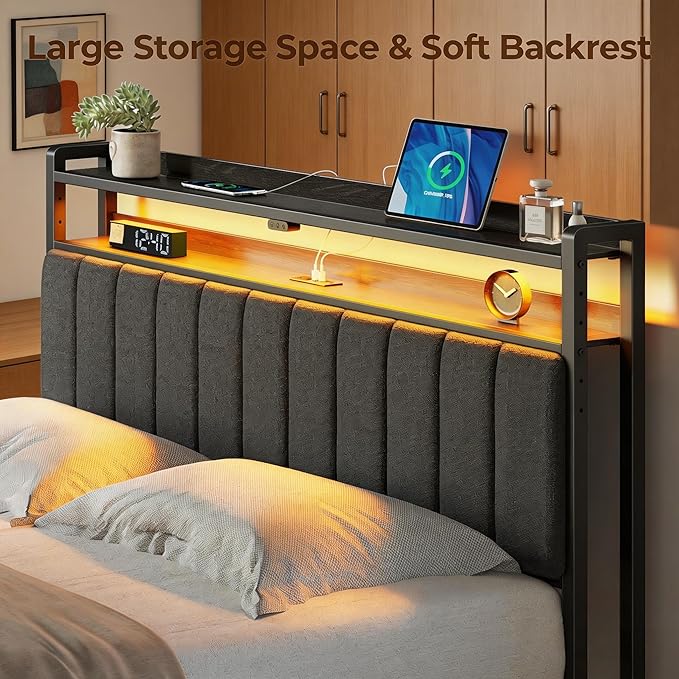 Rolanstar Headboard for Full Size Bed with Storage, Head Board with USB & Type C Port, 60,000 DIY Color of LED Light, Upholstered, Height Adjustable, Sturdy, Easy Assembly, Linen
