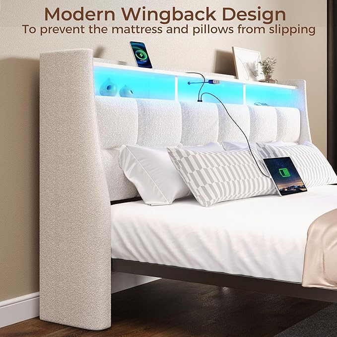 Rolanstar Queen Size Bed Frame with LED Lights and Charging Station, Upholstered Headboard with 2-Tier Storage Shelves, Heavy Duty Metal Frame, Noise-Free Support, Easy Assembly, No Box Spring Needed
