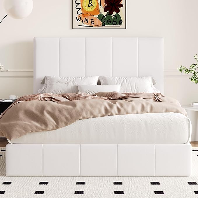 Allewie Full Size Velvet Lift Up Storage Bed Frame, Vertical Channel Tufted Headboard, Hydrualic Underneath Storage, Upholstered Platform Bed, Wooden Slats Support, No Box Spring Needed, White