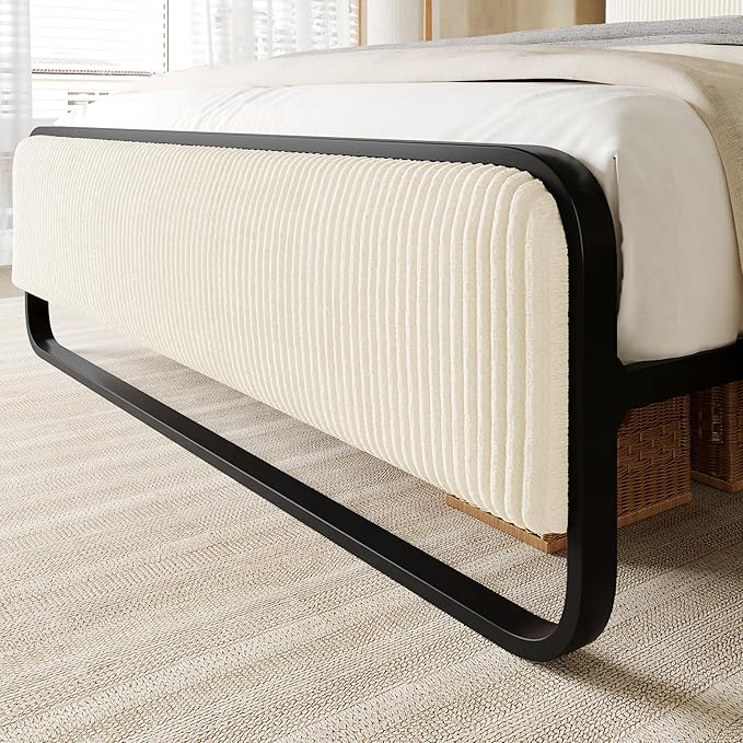 Allewie Full Size Metal Bed Frame with Curved Corduroy Upholstered Headboard and Footboard, Platform Bed Frame with 12.4" Under Bed Storage, No Box Spring Needed, Boho Style, Cream