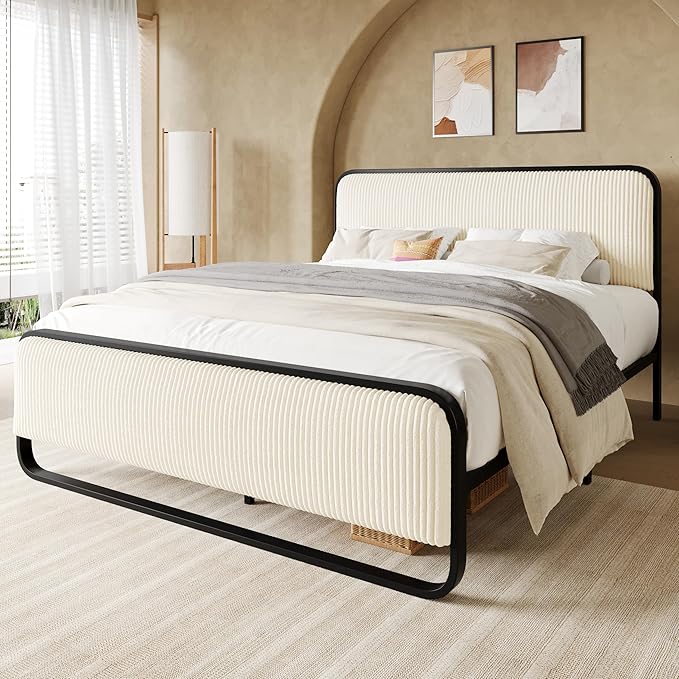 Allewie Queen Size Metal Bed Frame with Curved Corduroy Upholstered Headboard and Footboard, Platform Bed Frame with 12.4" Under Bed Storage, No Box Spring Needed, Boho Style, Cream