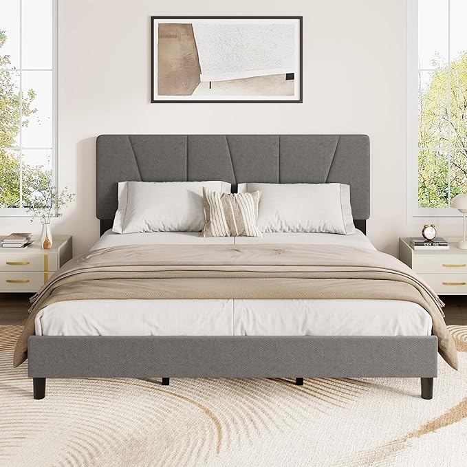 IDEALHOUSE Queen Size Upholstered Bed Frame with Headboard, Heavy Duty Platform Bed Frame, Adjustable Headboard, Noise-Free, No Box Spring Needed, Easy Assembly