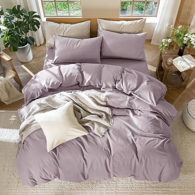 MooMee Bedding Duvet Cover Set 100% Washed Cotton Linen Like Textured Breathable Durable Soft Comfy (Solid Taro Purple, Full 80"x90")