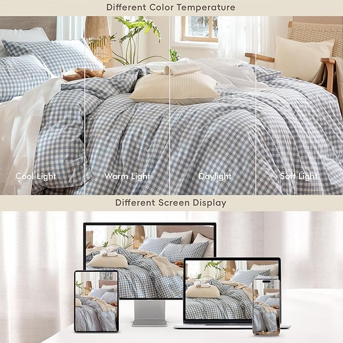 MooMee Gingham Duvet Cover Set 100% Washed Cotton Linen Like Textured Breathable Durable Soft Comfy Modern Checkered Design (Classic Gingham Cornflower Blue, Oversized Queen 98"x98")