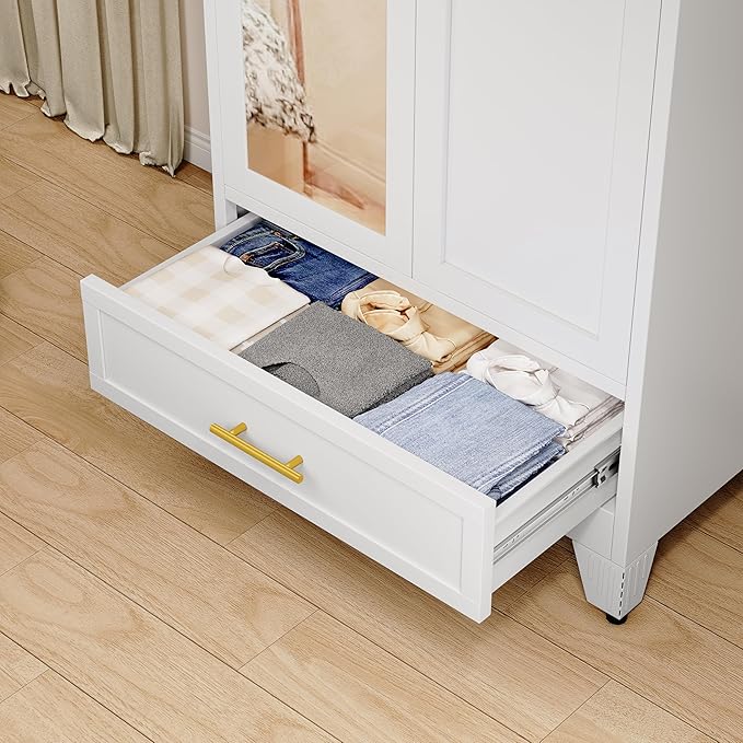 RIETERN Metal Armoire Wardrobe 71" Tall Closet, Bedroom Closet with Mirror, 1 Drawer, Adjustable Shelves, and Hanging Rod, Steel Clothes Closets and Storage, for Bedroom White
