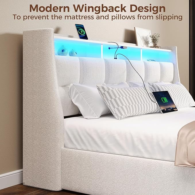 Rolanstar Full Size Bed Frame with LED Lights and Charging Station, Upholstered Bed Storage Headboard & Drawers, Heavy Duty Wood Slats, Easy Assembly, White
