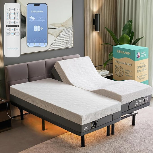 SFE Split King Adjustable Bed Frame with Mattress – 12" Gel Memory Foam - Zero Clearance, Electric Massage, Wireless Remote for Head & Foot Lift, Zero Gravity - Underbed Lights & 4 USB Ports