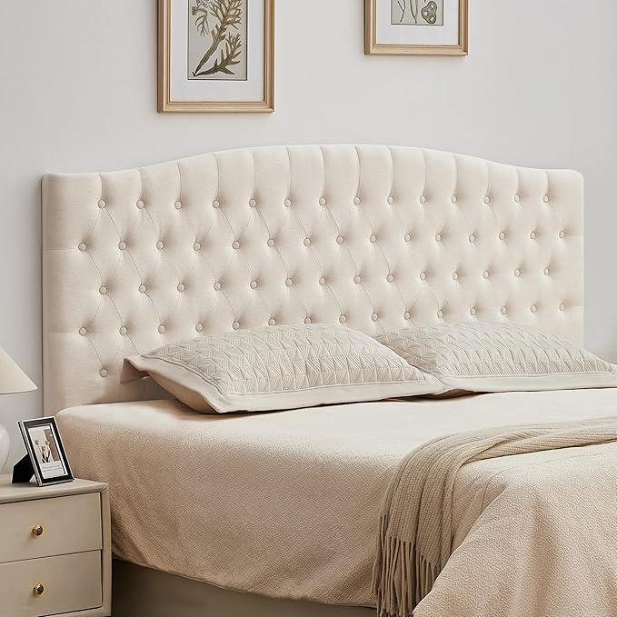Tufted Upholstered Tall Headboard King Size, Sturdy and Durable Solid Wood Bed headboards, Comfortable Linen Fabric King Headboard Only, Modern Luxury Button Diamond Design Head Board, Beige