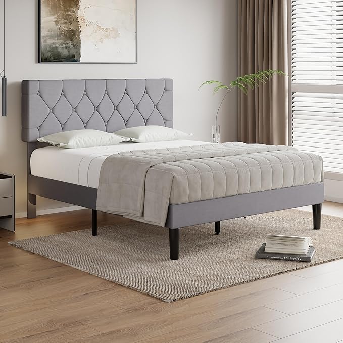 VECELO Queen Size Bed Frame with Button Tufted Headboard, Upholstered Platform Bedframe with Wood Slat Support, No Box Spring Needed, Velvet & White