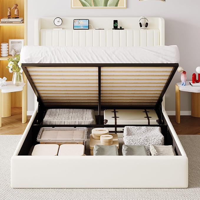 Allewie Queen Size Lift Up Storage Bed Frame,Storage Shelf Headboard with Charging Station,Type-C and USB Ports,Hydraulic Support,Velvet Upholstered Bed Frame,No Box Spring Needed,Cream