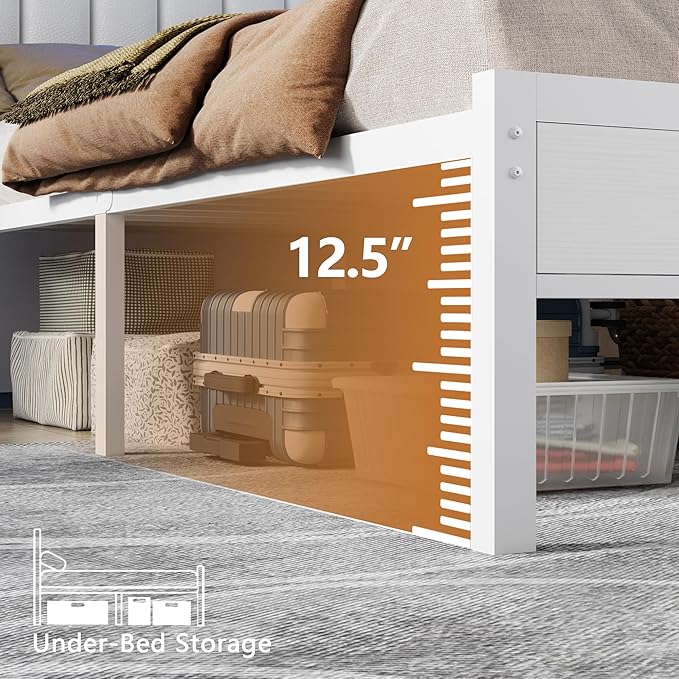 Furnulem White Queen Bed Frame with Charging Station & Led Lights, PU Leather Upholstered Headboard with 2-Tier Storage Shelves, No Box Spring Needed, Metal Slat Support, Easy Assembly