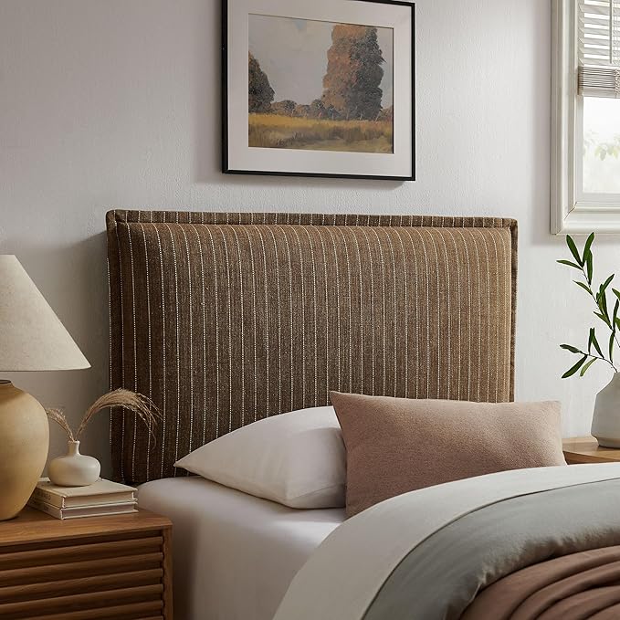 Modway Camille Twin Size Striped Linen Blend Pinstripe Headboard with Removable Slipcover – in Earth Stripe - Padded Pillow Style Headboard with Adjustable Mounting for Twin Beds