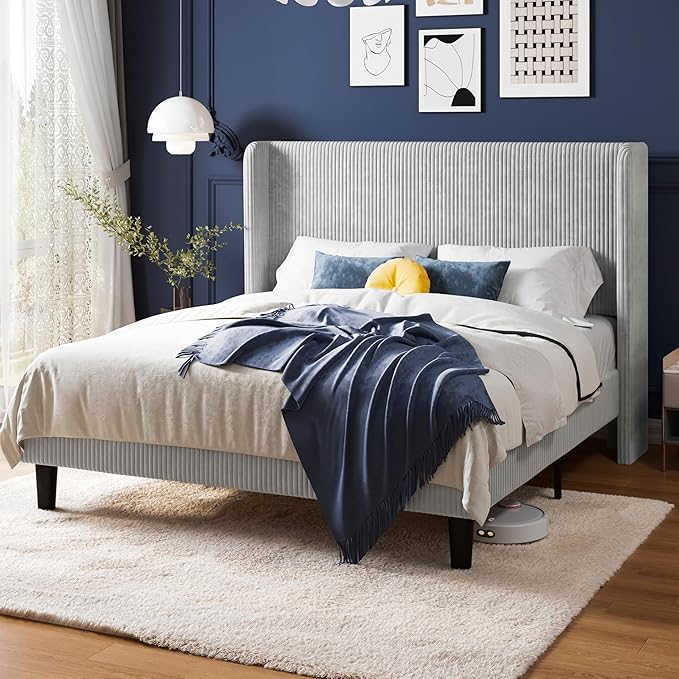 Allewie Queen Size Bed Frame with Upholstered Wingback Headboard, Vertical Channel Tufted Corduroy Velvet Platform Bed, Strong Wooden Slats Support, No Box Spring Needed, Easy Assembly, Light Grey