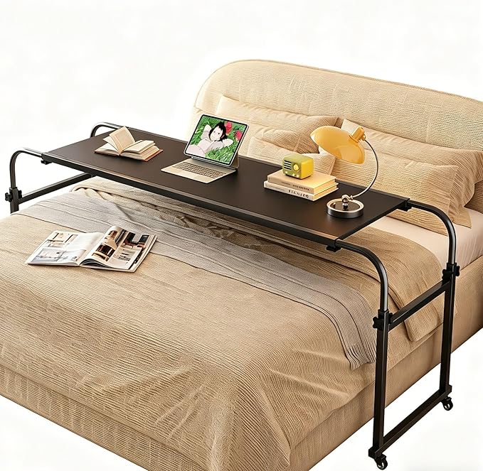 TigerDad Overbed Table with Wheels, Rolling Desk for King Queen Full Bed Heavy Duty, 55"-83" Adjustable Length & Height Hospital Nursing Table, Mobile Cross Bed Laptop Stand for Home Work, Black