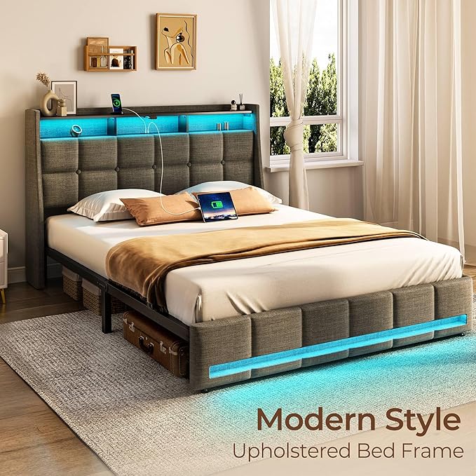 Rolanstar Queen Size Bed Frame with LED Lights and Charging Station, Upholstered Headboard with 2-Tier Storage Shelves, Heavy Duty Metal Frame, Noise-Free Support, Easy Assembly, No Box Spring Needed
