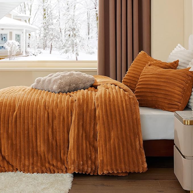 BEDELITE Fleece Queen Comforter Set -Super Soft & Warm Fluffy Rust Orange Bedding, Luxury Fuzzy Heavy Bed Set for Winter with 2 Pillow Cases