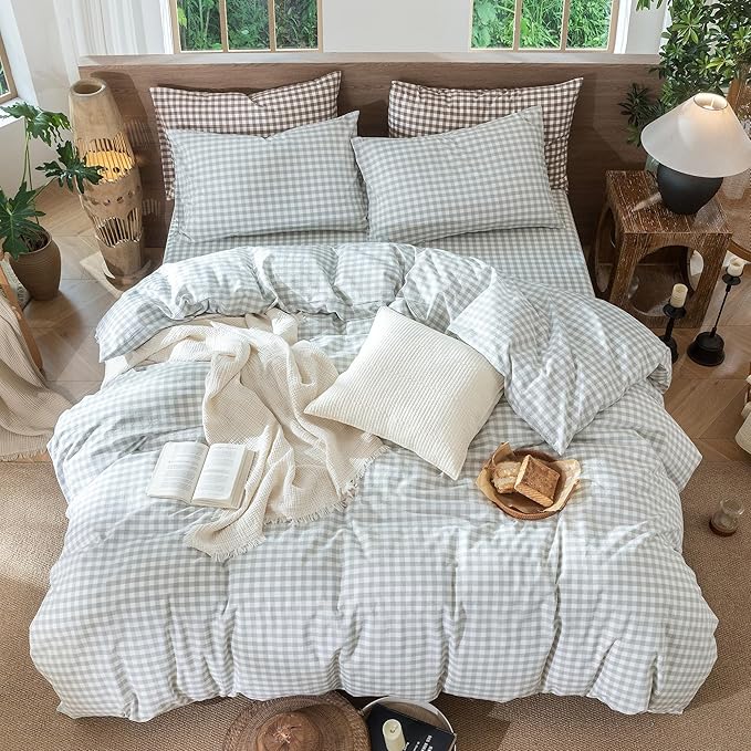 MooMee Gingham Duvet Cover Set 100% Washed Cotton Linen Like Textured Breathable Durable Soft Comfy Modern Checkered Design (Northern Droplet Grey Gingham, Queen 90"x90")