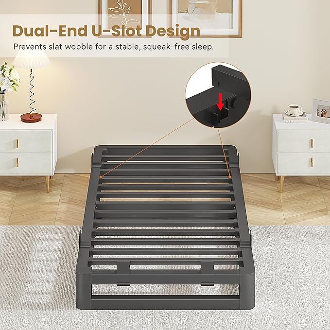 6 Inch Twin Bed Frames with Rounded Corner and Squeak Free U-Slot Design, Metal Platform Bed Frames 6 Non-Slip Guards, 3500lbs Heavy Duty Steel Slat Support, No Box Spring Needed, Black
