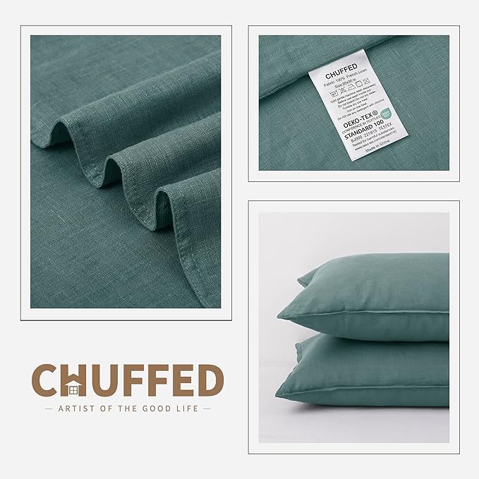 CHUFFED Linen Pillowcases 2 Pack 100% Linen Standard Pillow Cases, Breathable and Cooling Washed Pillowshams with Zipper Closure, 20x30 Inches,Aqua