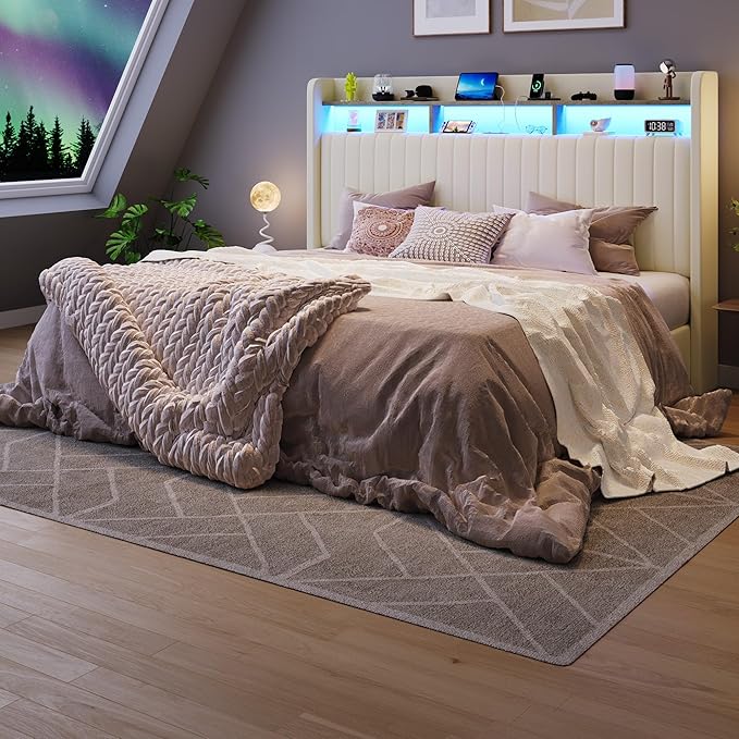 SHA CERLIN King Size Lift Up Storage Bed Frame/LED Lights/Charging Station/2-Tier Shelves Headboard/USB,Type-C Ports/Velvet Upholstered/Hydraulic Support/No Box Spring Needed/Noise Free/Cream