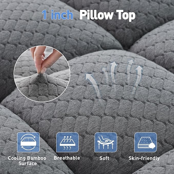 Dual Layer 3 Inch Memory Foam Mattress Topper Queen Size, 2 Inch Cooling Gel Memory Foam Plus 1 Inch PillowTop Mattress Pad Cover, with 8-21 Inch Deep Pocket, Grey