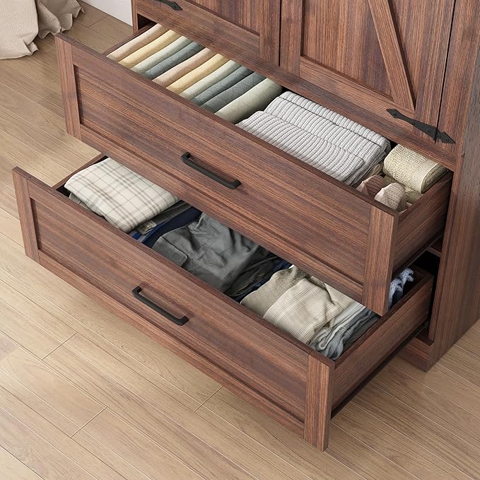 Hlivelood 2 Doors Wardrobe Armoire Closet with Doors and Drawers, Farmhouse Wooden Armoire Storage Cabinet with Shelves & Hanging Rod for Bedroom, Brown