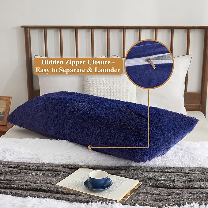 XeGe Luxury Shaggy Faux Fur Body Pillow Cover, Fluffy Bed Pillowcase with Zipper Closure, Soft Decorative Plush Fuzzy Long Pillow Sham for Home Living Room 20"x54" Navy Blue