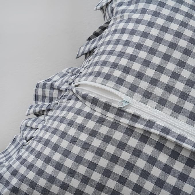 Grey/White Plaid Ruffled Checkered Body Pillow Sham 20x54 inches 1 Piece, Washed Cotton Vintage Farmhouse Bed Body Pillow Cover for Bed/Sofa