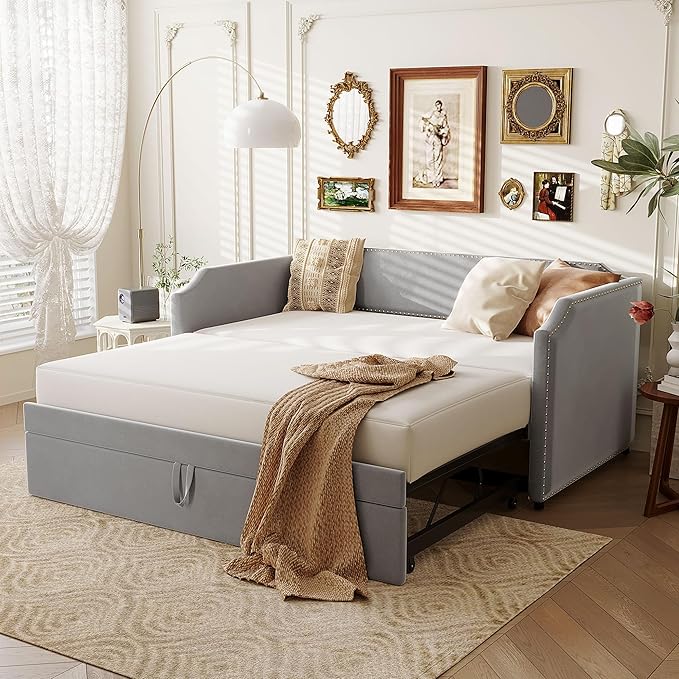 Merax Modern Twin Size Upholstered Sofa Day Bed with Pop Up Trundle, Twin to King Extendable Dayed for Living Room Bedroom Guest Room Space Saving, Gray