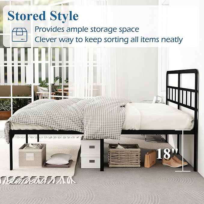 DiaOutro King Size Bed Frame with Headboard, 18 Inch Metal Platform No Box Spring Needed Heavy Duty Steel Slat Mattress Foundation/Easy Assembly/Noise Free/Black