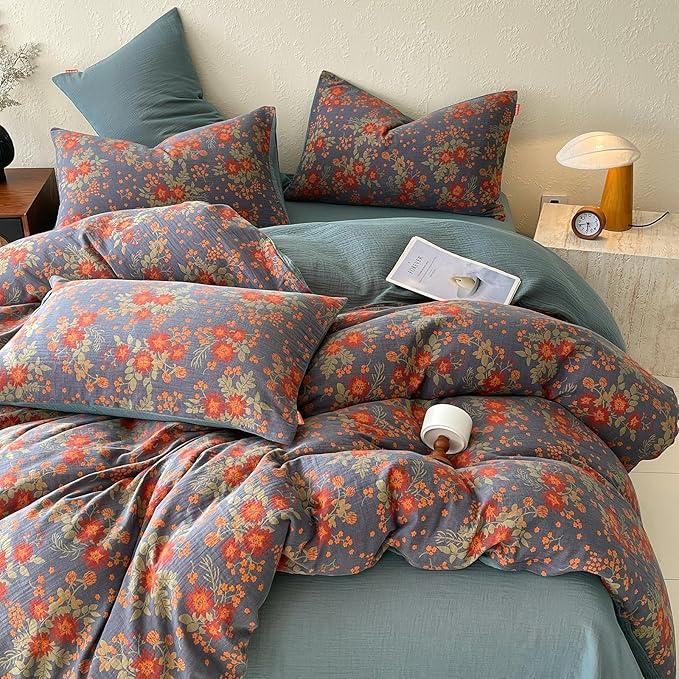 VM VOUGEMARKET Rustic Double Layer Gauze Jacquard Duvet Cover Queen, Dusty Slate Blue with Retro Orange Floral Print, Soft Breathable Boho Comforter Cover with Zipper&Ties