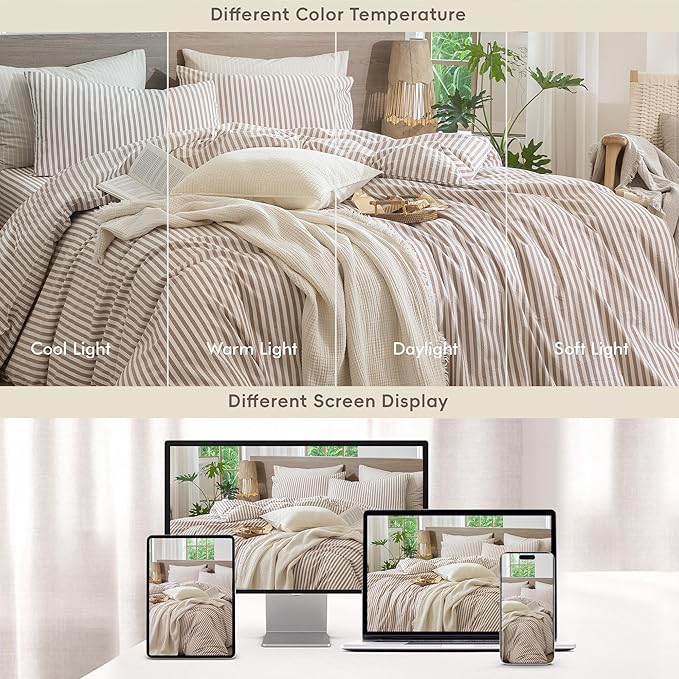 MooMee Striped Duvet Cover Set 100% Washed Cotton Linen Like Textured Breathable Durable Soft Comfy (Orange Classic Stripes, Queen 90"x90")