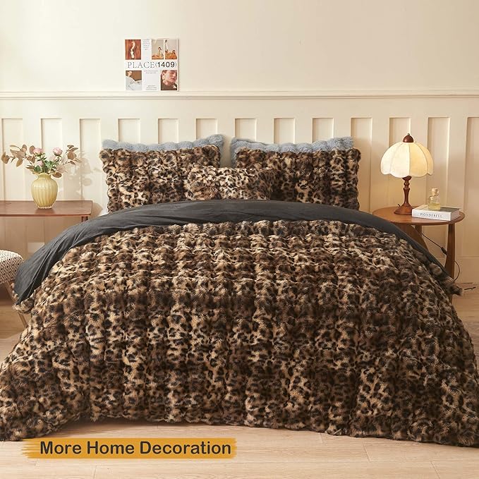 LIFEREVO Leopard Print Faux Rabbit Fur Body Pillow Cover, Cheetah Print Bubble 20 x 54 Bed Pillowcase with Zipper, Fuzzy Furry Farmhouse Long Pillow Case Pregnant Women Side Sleeper, Brown and Black