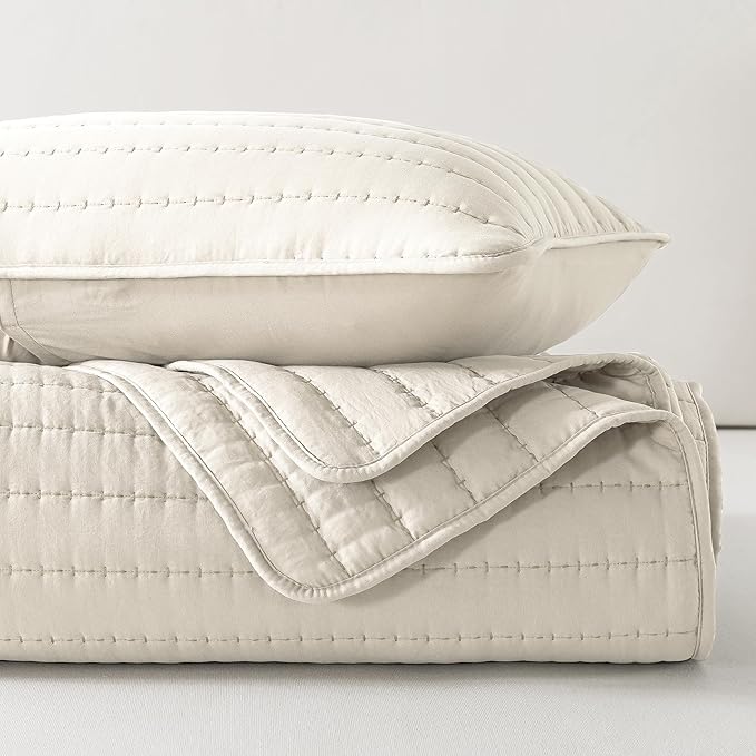 ROARINGWILD Ivory Queen Size Quilt Bedding Sets with 2 Pillow Shams, Full Lightweight Soft Bedspread Coverlet, Quilted Blanket Thin Comforter Bed Cover for All Season, 3 Pieces, 90x90 inches