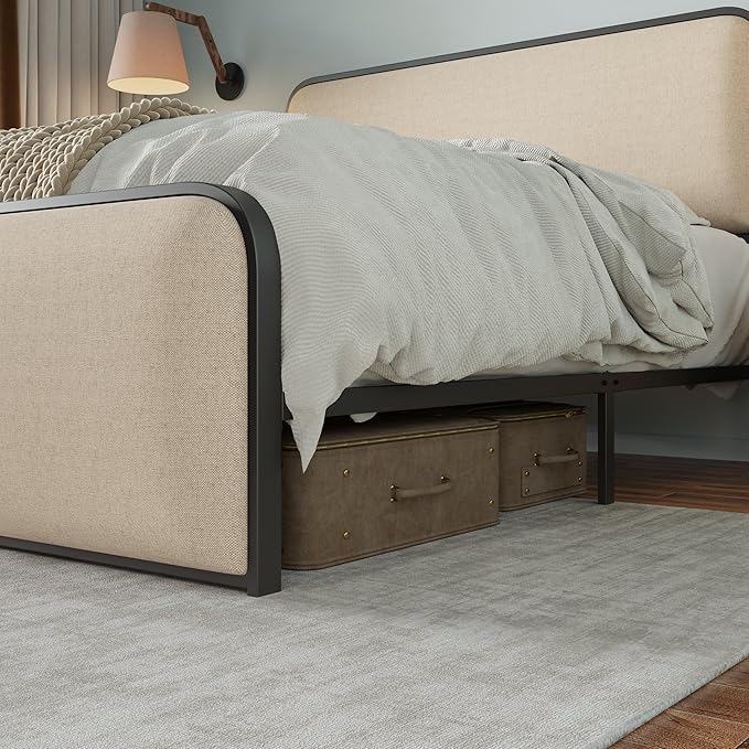 Merax Metal Platform Bed King Size with Curved Upholstered Headboard and Footboard, King Bed Frame with 8" Storage Space Under Bed, Heavy Duty Metal Slats, No Box Spring Needed, Easy Assembly, Beige